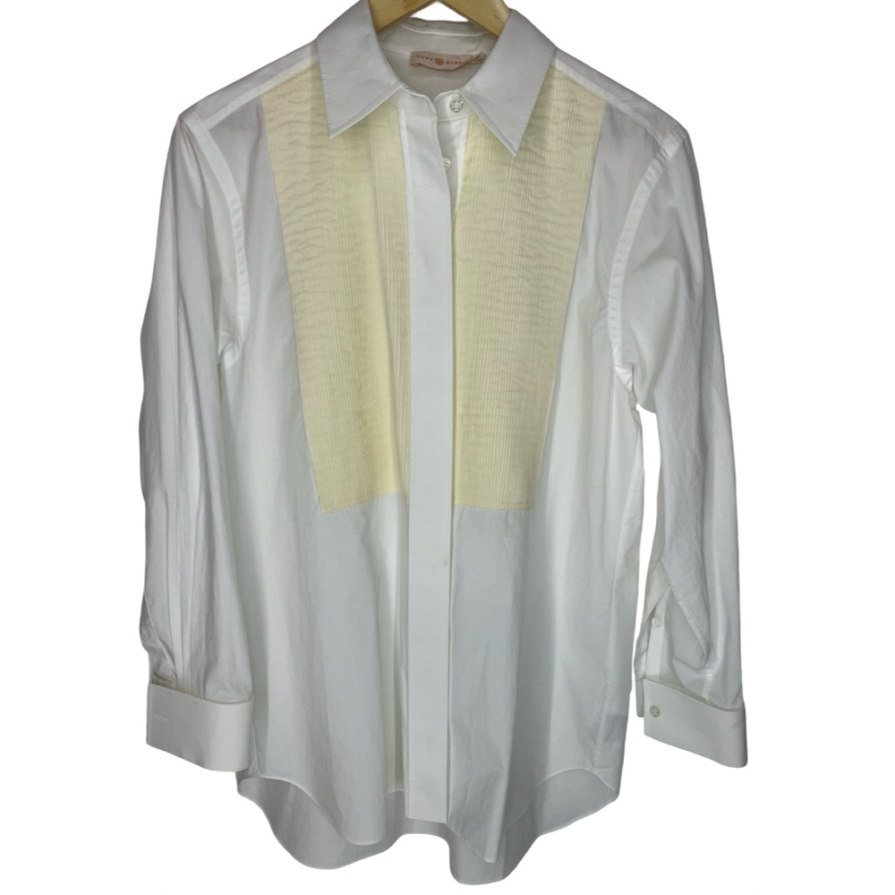 Tory Burch women’s white button down shirt with yellow detail size 4